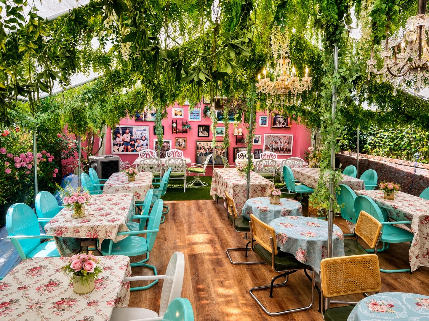 The Uncle Rocco backyard set with tables under greenery and chandeliers