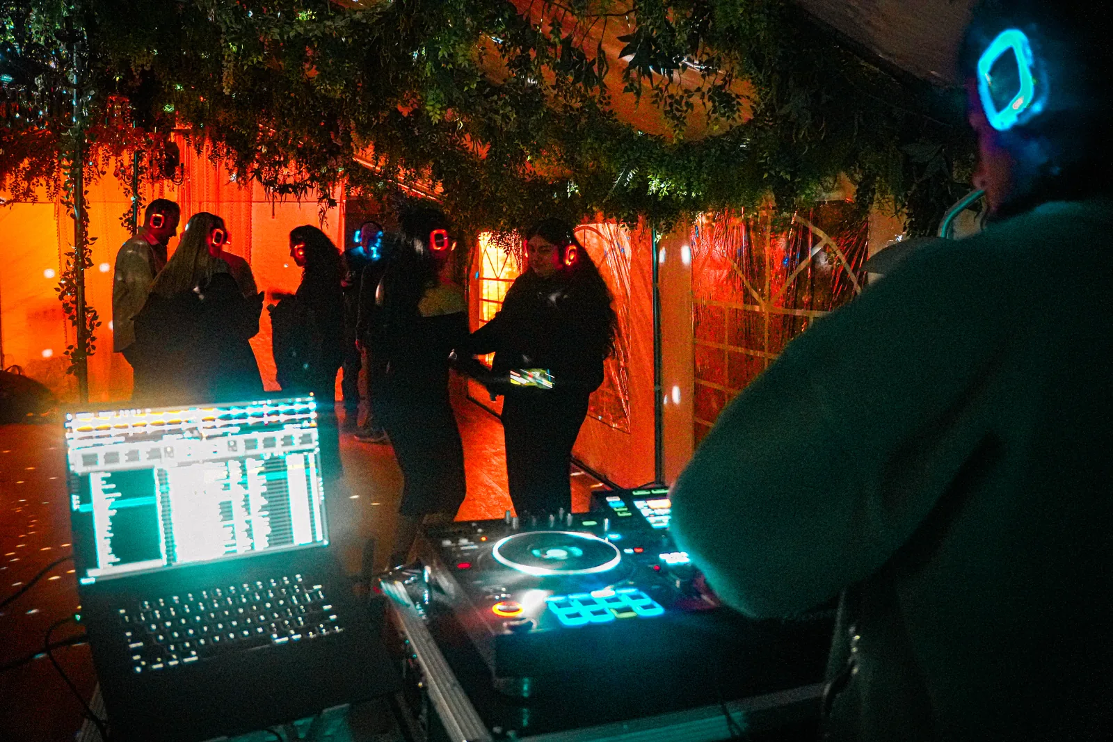 DJ setup for a silent disco in the Uncle Rocco backyard